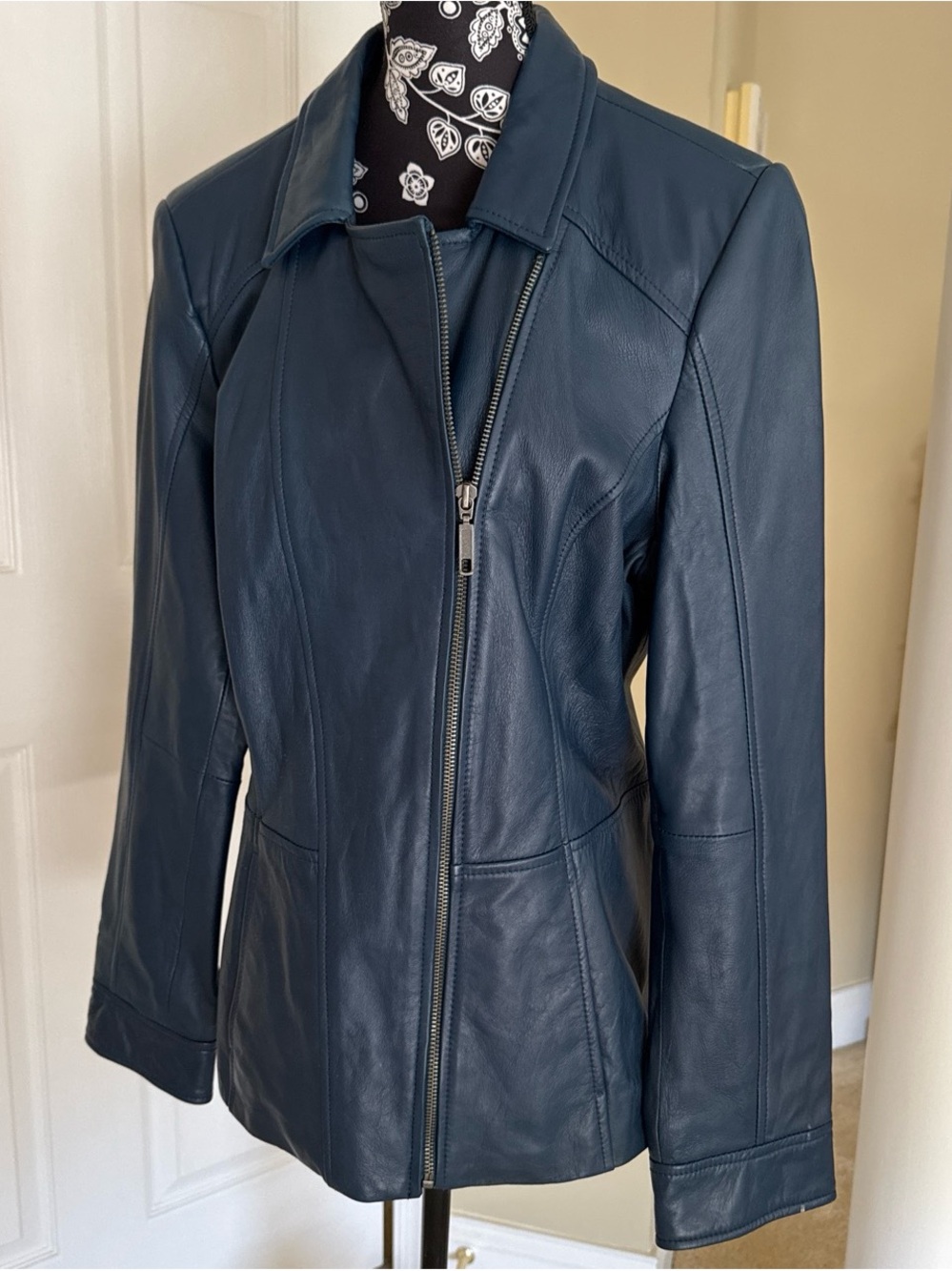 Women's Blue Leather Zip-Front Jacket M